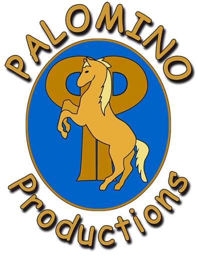a blue oval with a rearing horse inside and the words Palomin Productions outside the oval